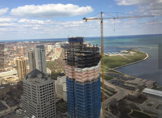 An aerial view of downtown Milwaukee’s changing skyline