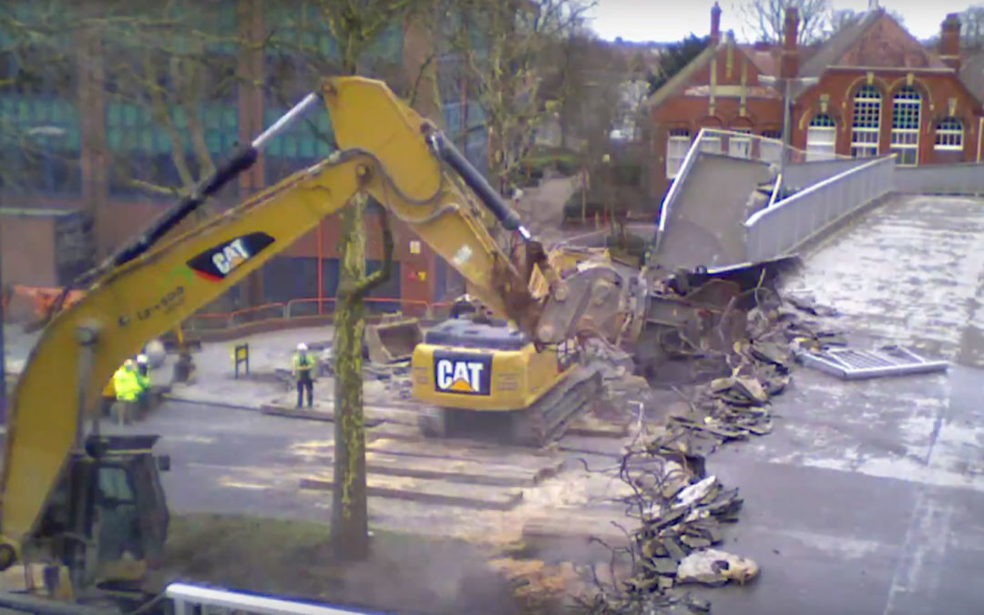 Quickie Time Lapse of Lawson Group using CAT excavators for pedestrian bridge demolition in UK