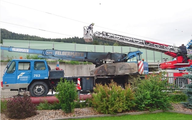 Operator seriously injured as a Kato truck crane boom lowered suddenly onto power lines in Germany