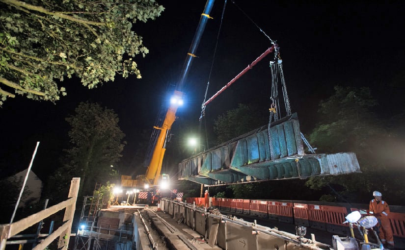 Ainscough Crane Hire utilizes Liebherr All Terrains to remove a “Skew” bridge at night in the UK