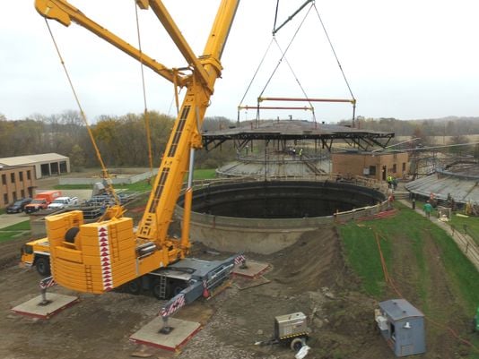 All Crane Rental lifts a container at the Mansfield Water Department in Ohio