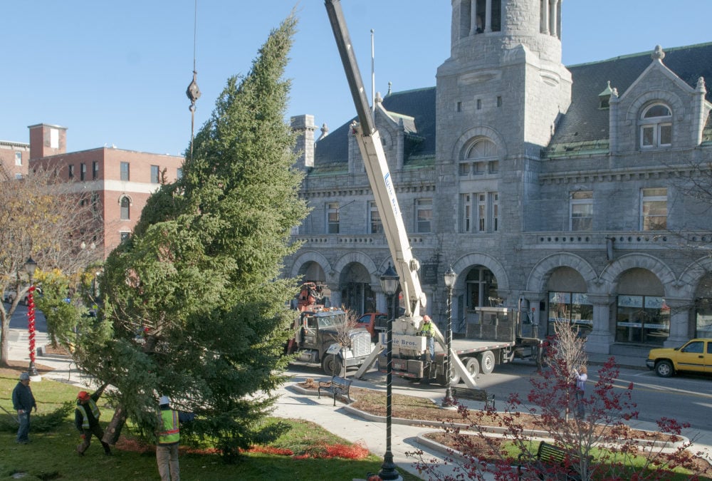 Lajoie Bros. General Contractors set spuce Christmas Tree in Downtown Augusta, Maine