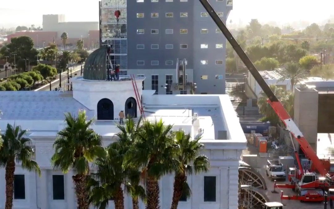 Dielco Crane Service sets a dome on top of the new Nevada Supreme Court building with a Link-Belt crane in Las Vegas