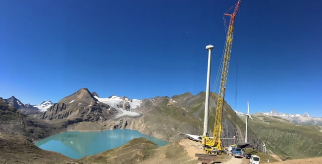 A Terex-Demag TC 2800-1 lattice boom truck crane set wind turbines in the Swiss Alps over the summer