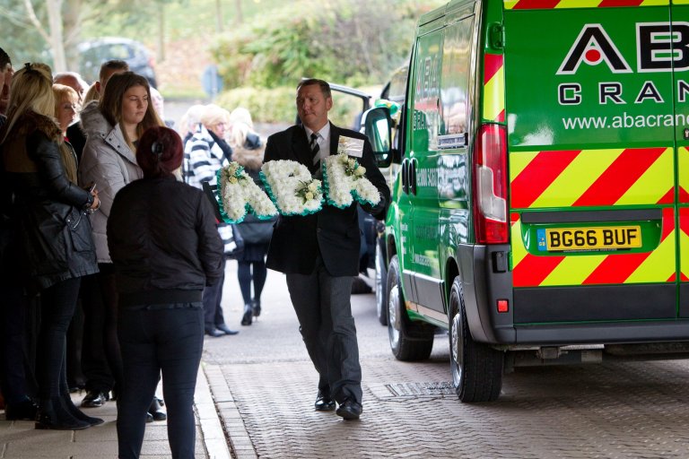 Ben Lawton's funeral at Streetly Crematorium, Walsall, West Midlands. November 8, 2017. ABA Crane Hire pay tribute to a 'much-loved' crane fanatic Ben Lawton aged 35 by following the funeral procession with three giant cranes. Ben would stand at the gates of ABA Crane Hire in Walsall every morning and evening to greet the drivers. Ben who had severe learning difficulties died in October after an unknown illness.