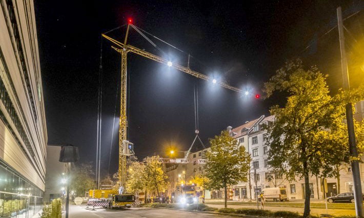 A Liebherr MK 88 Plus Self Erecting Tower Crane Turns Night into Day